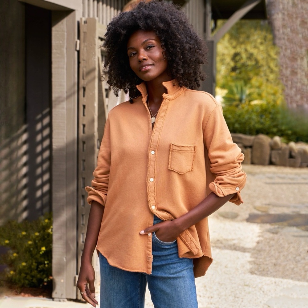 Frank & Eileen Women's Oversized Button-Front Sweatshirt in Warm Camel